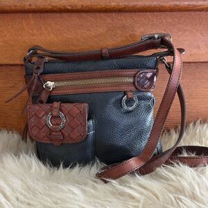 Brighton Black/ Brown Leather Silver Crossbody Adjustable Strap Bag